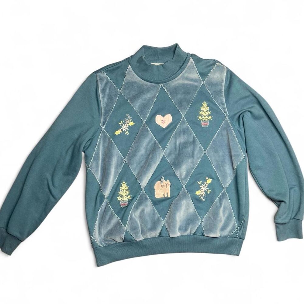Vintage Alfred Dunner Cottagecore Kitty Mockneck Sweatshirt Size M